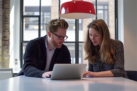 Two asset finance professionals collaborate over a laptop