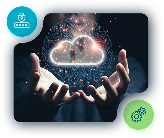 Hands holding a glowing digital cloud, representing Odessa's cloud-based platform, with icons for security and automation.