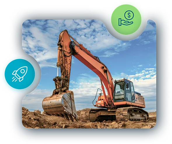 Excavator on a construction site, with finance and growth icons, highlighting Odessa's equipment leasing and lending software.