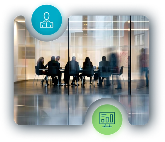 Independent finance professionals in a conference room, with Odessa icons reflecting collaboration and strategy.