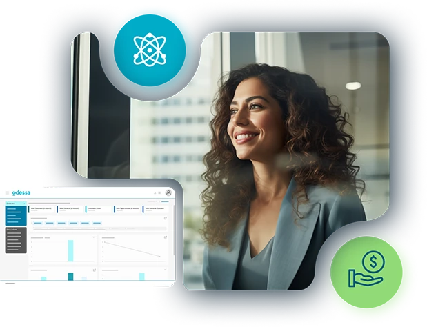 Woman smiling with Odessa loan and lease management software dashboard.