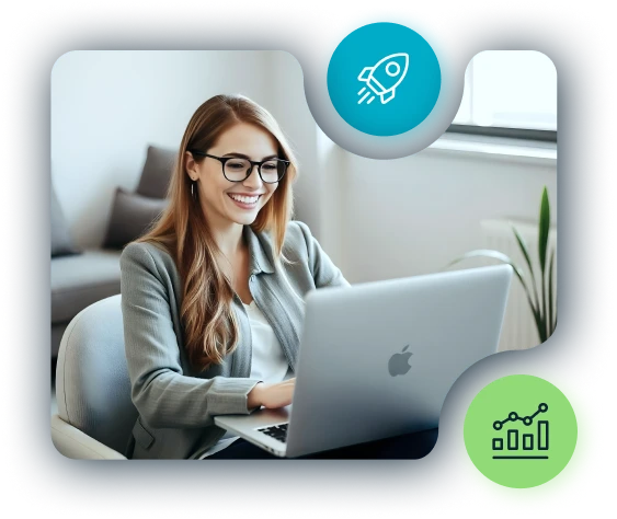 Woman happily using the Odessa lease and loan originations software.