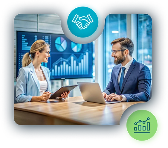 Two professionals with a laptop and tablet, backed by charts, representing the Odessa lease and loan servicing software.