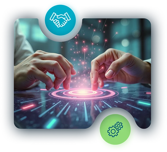 Hands interacting with a digital interface representing Odessa's portal software, surrounded by icons for collaboration and automation.